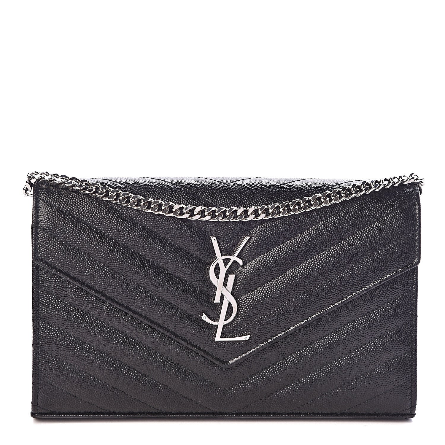 Saint Laurent Grain De Poudre Matelasse Chevron Monogram Chain Wallet Black 1 of 9