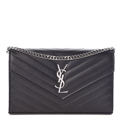 Saint Laurent Grain De Poudre Matelasse Chevron Monogram Chain Wallet Black 1 of 9