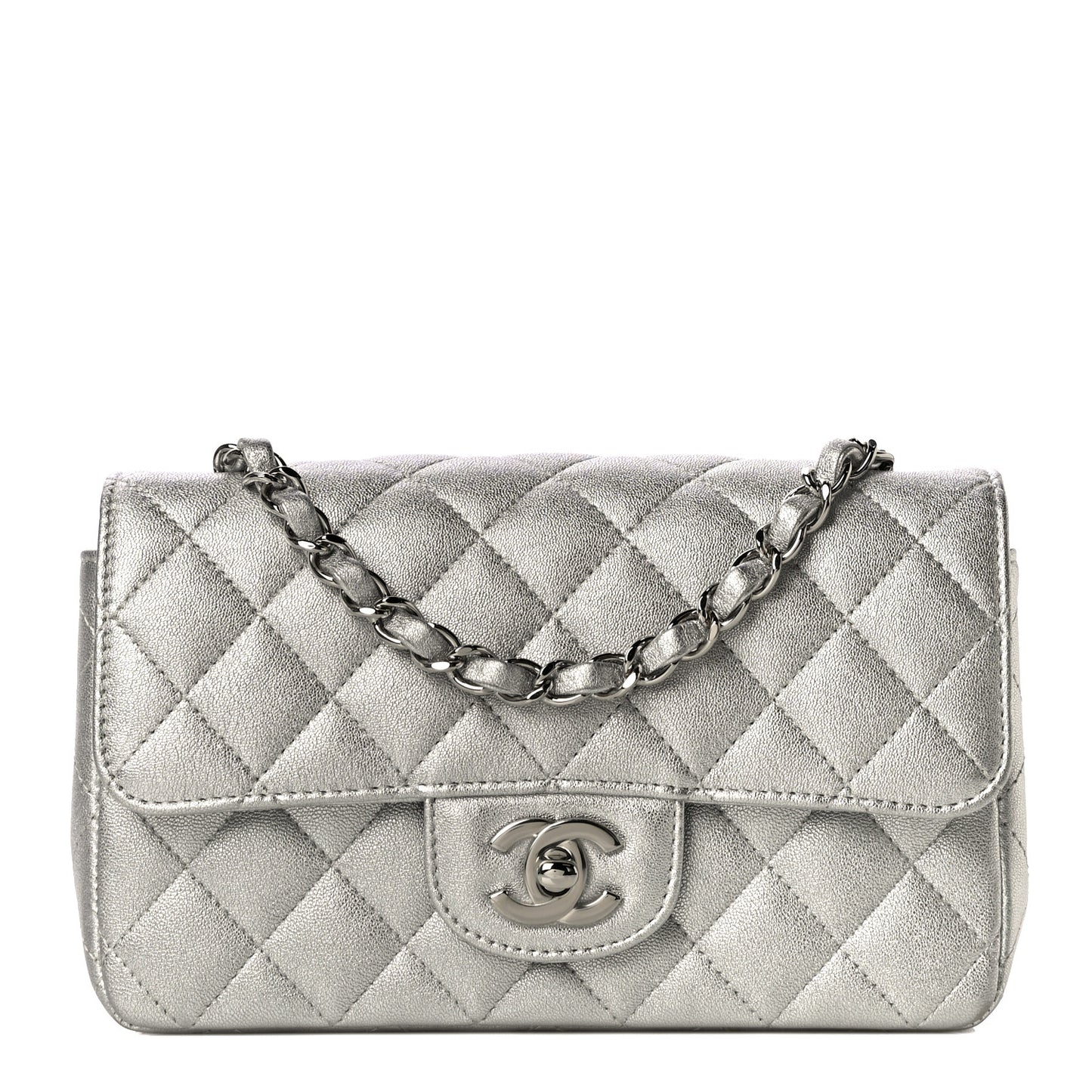 Metallic Lambskin Quilted Mini Rectangular Flap Silver