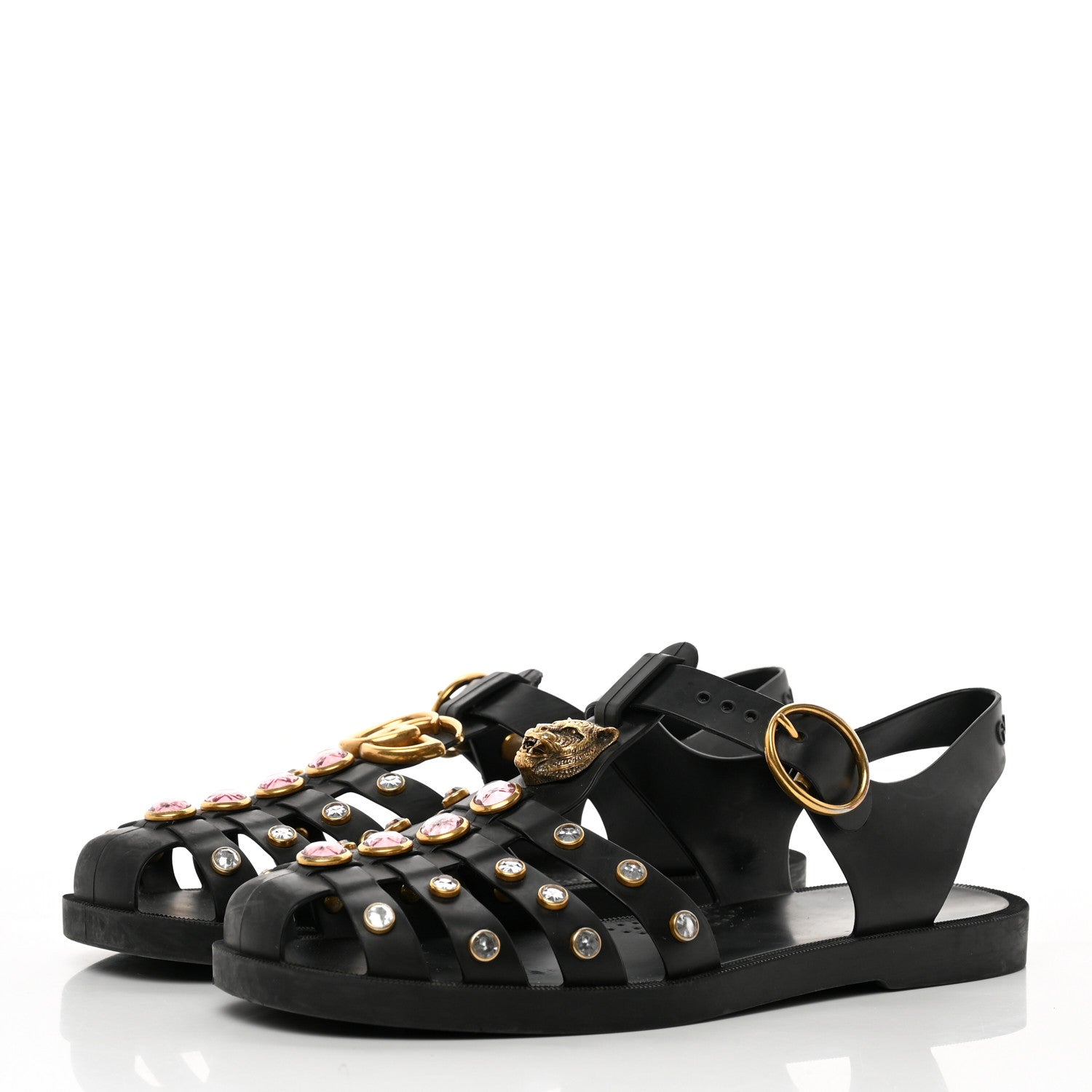 Gucci Rubber Crystal Womens Buckle Strap Sandals 37 Black 3 of 17