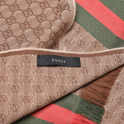 Gucci Wool Silk GG Monogram Web Verbier Fringe Scarf Light Brown Dark Green 4 of 4
