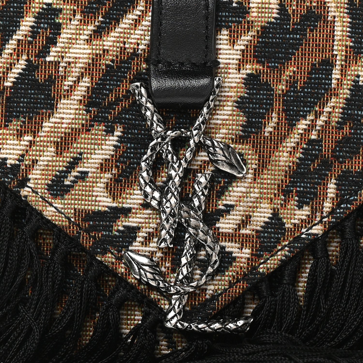 Saint Laurent Canvas Leopard Print Fringe Baby Monogram Satchel Black Multicolor 7 of 10