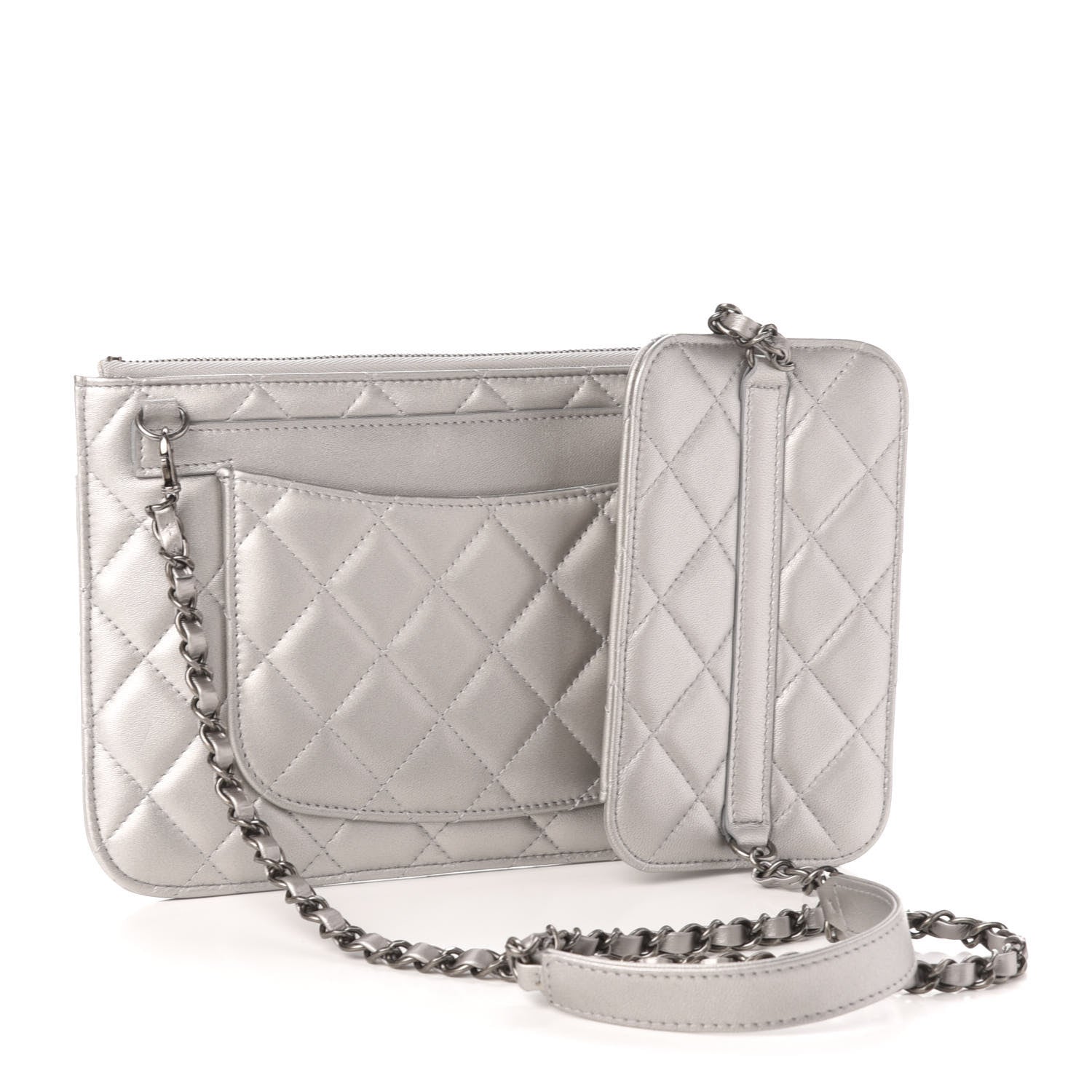 Chanel Metallic Lambskin Quilted Clutch With Chain Silver 3 of 12