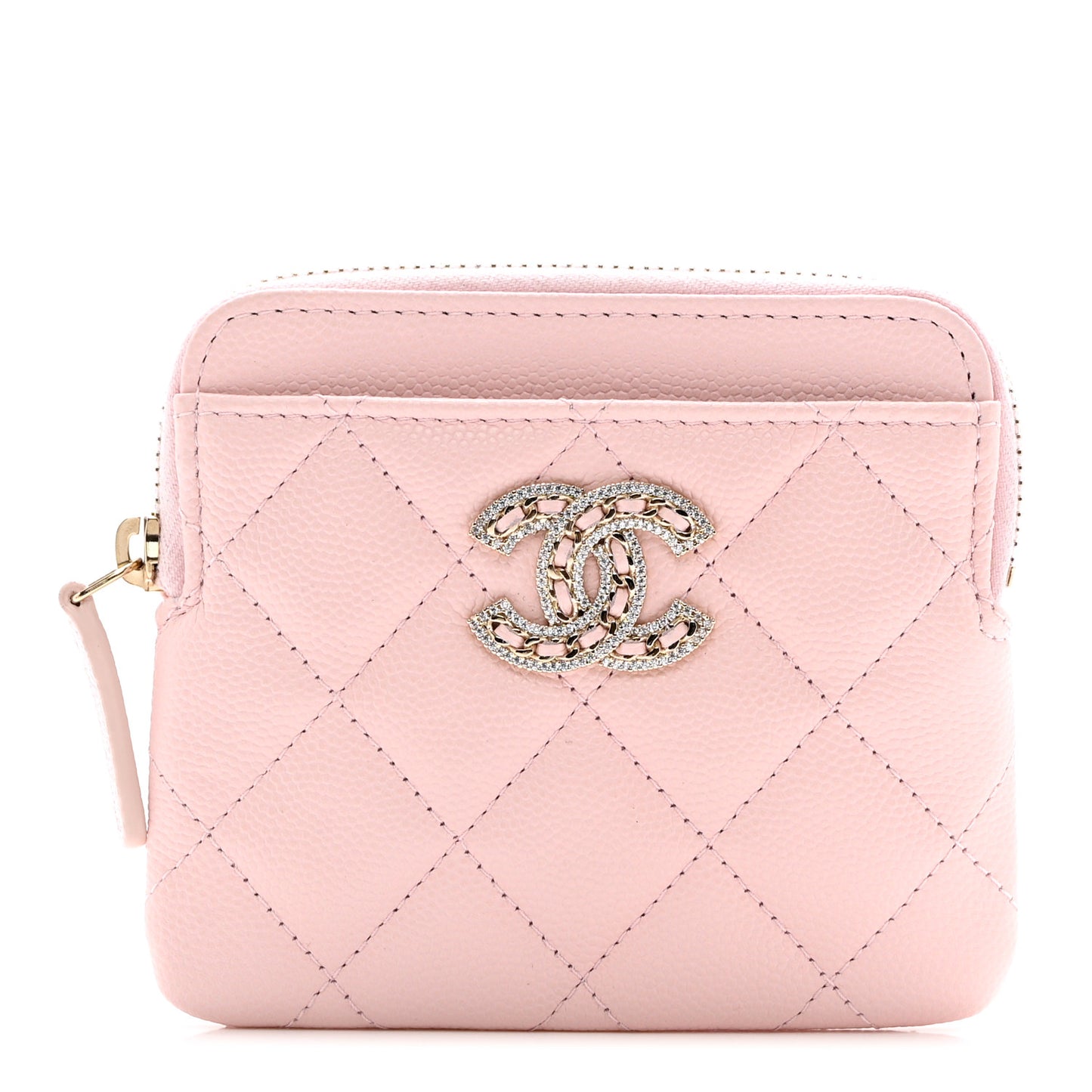 Caviar Quilted Crystal Zip Card Holder Wallet Light Pink
