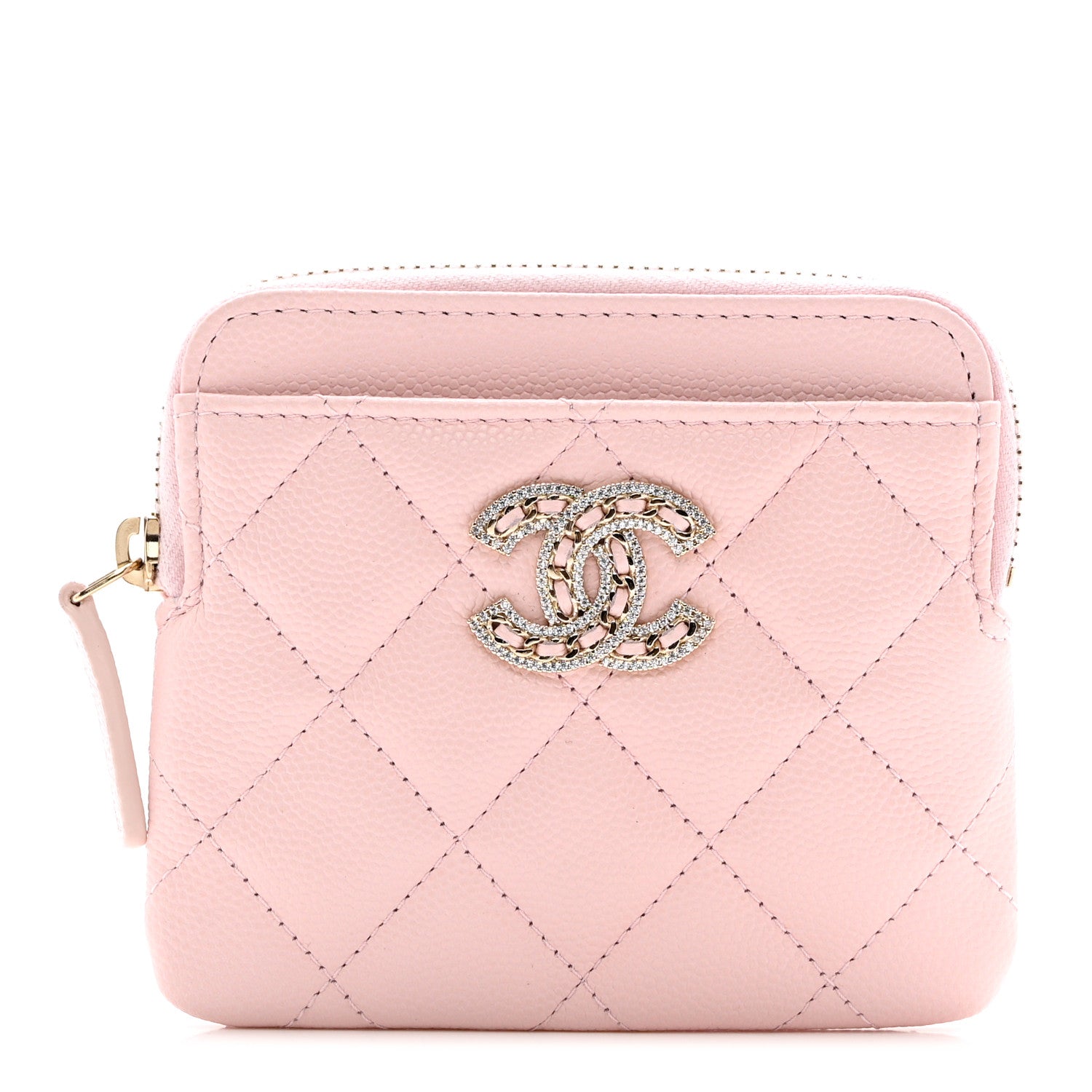 Chanel Caviar Quilted Crystal Zip Card Holder Wallet Light Pink 1 of 7