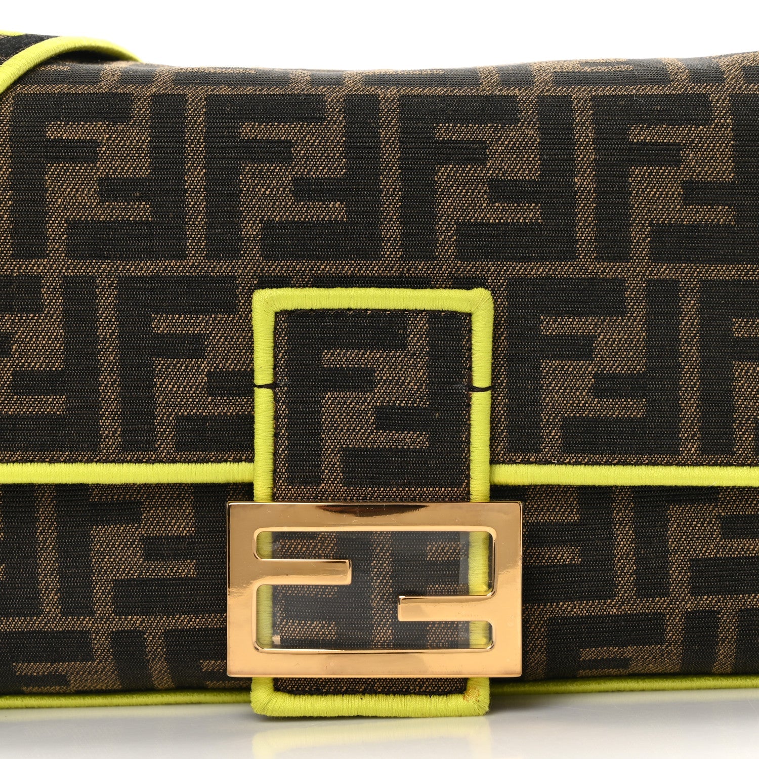 Fendi Fabric Jacquard FF 1974 Large Baguette Tobacco Moro Giallo Fluo 7 of 9