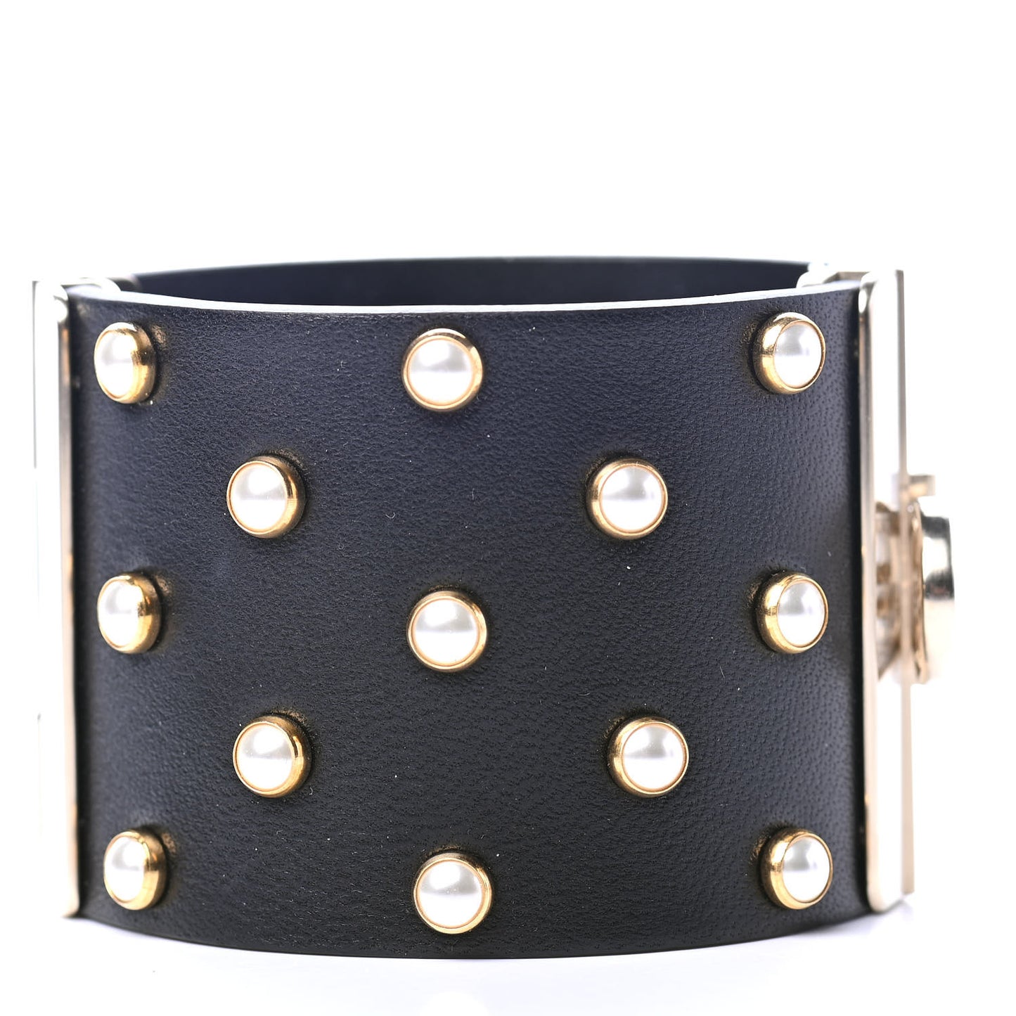 Lambskin Calfskin Pearl CC Cuff Bracelet Black Gold