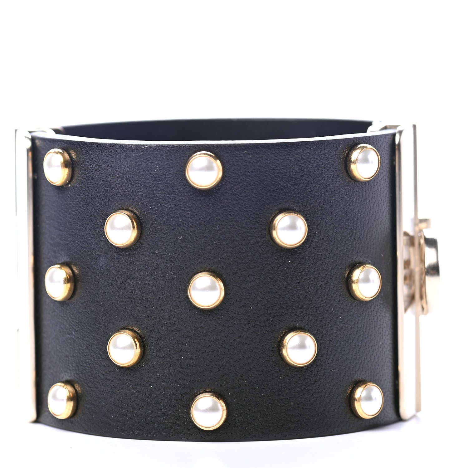 Chanel Lambskin Calfskin Pearl CC Cuff Bracelet Black Gold 2 of 3