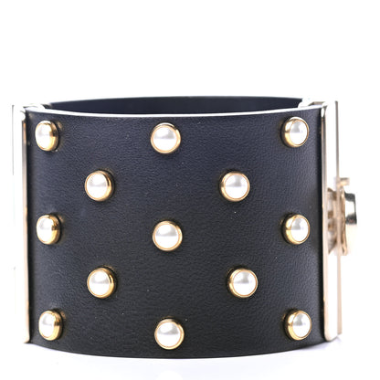 Chanel Lambskin Calfskin Pearl CC Cuff Bracelet Black Gold 2 of 3