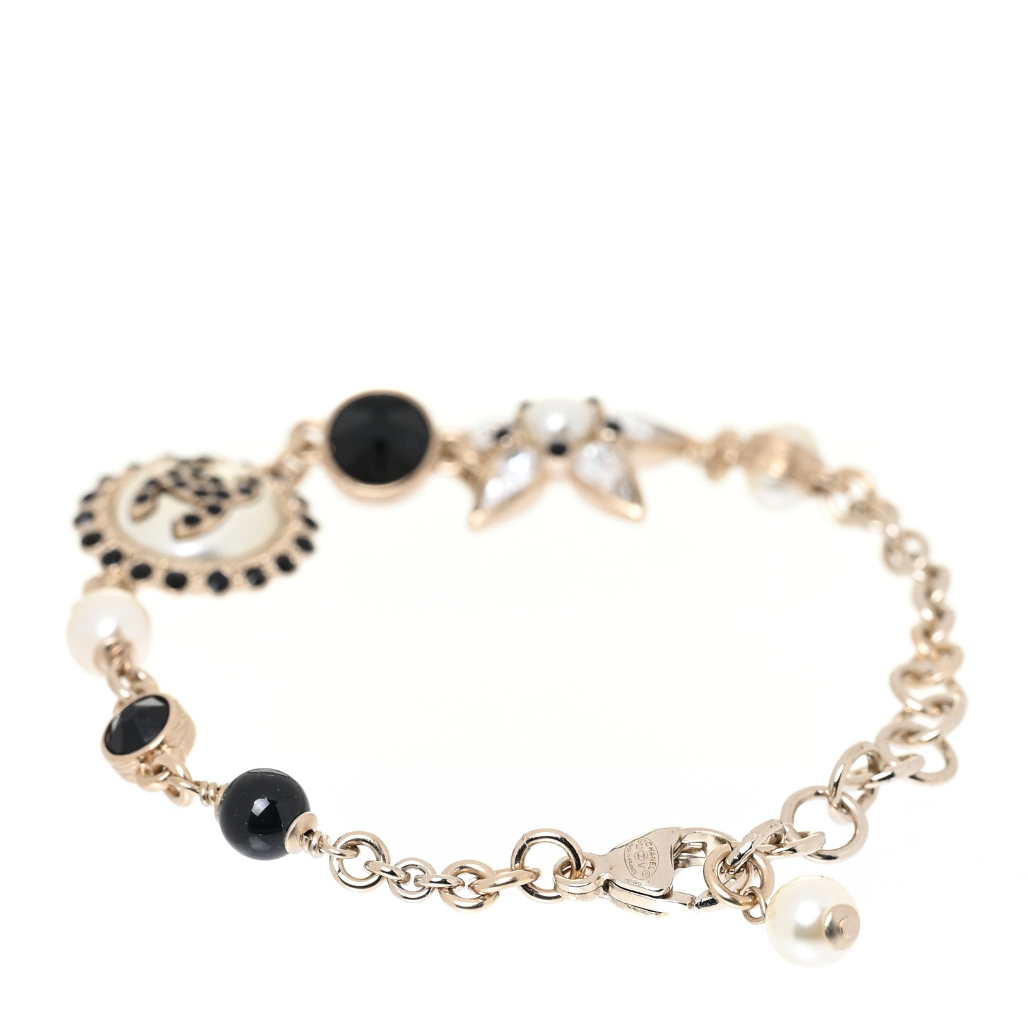 Chanel Pearl Crystal Beaded CC Bracelet Black Gold 3 of 5