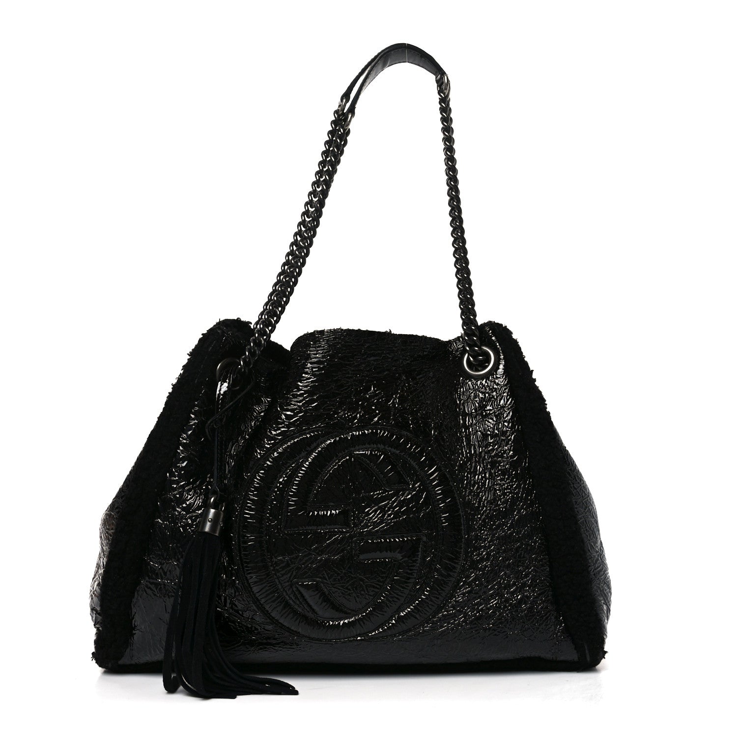 Gucci Patent Shearling Medium Soho Chain Shoulder Bag Black 1 of 19