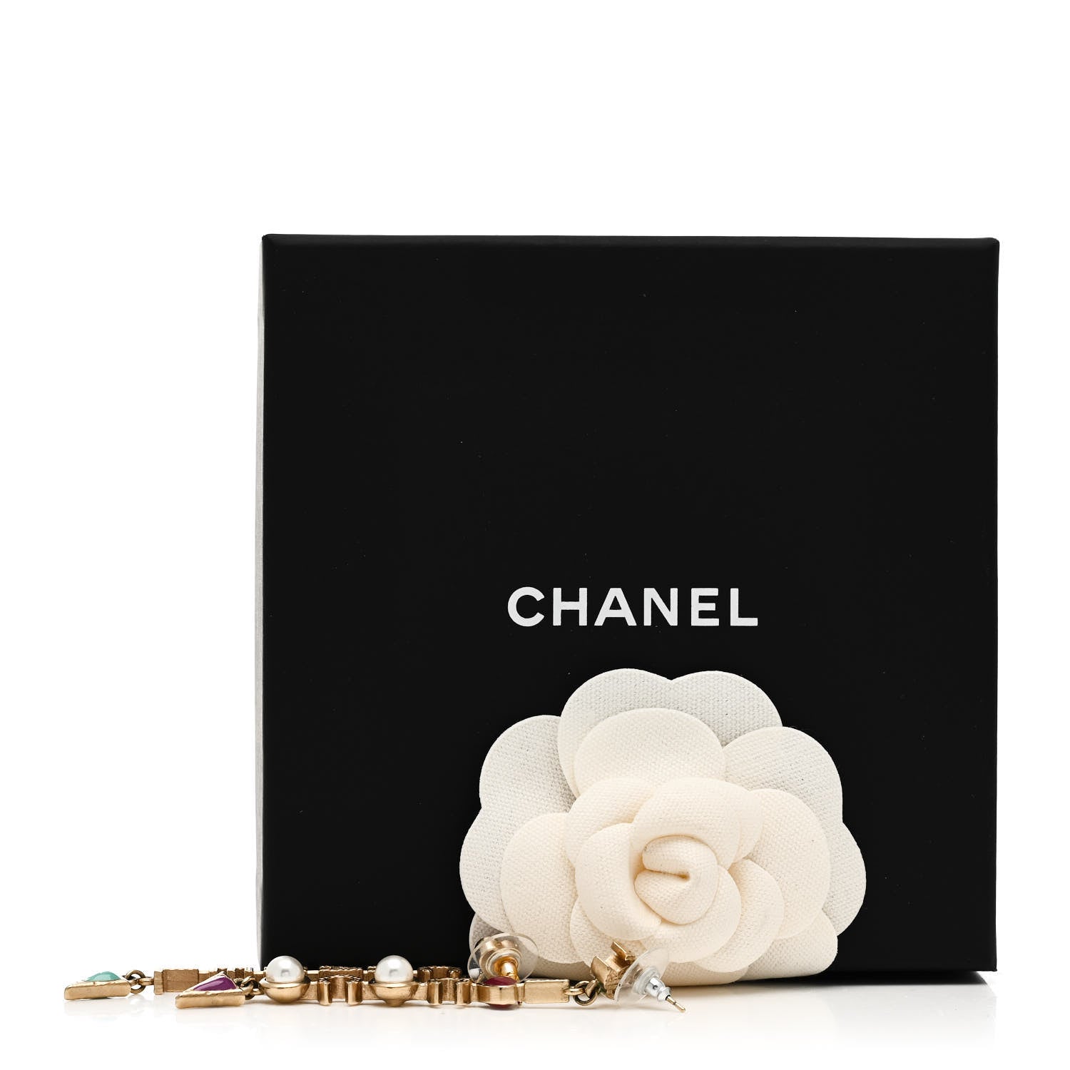 Chanel Pearl Enamel Logo Long Drop Earrings Gold 5 of 5