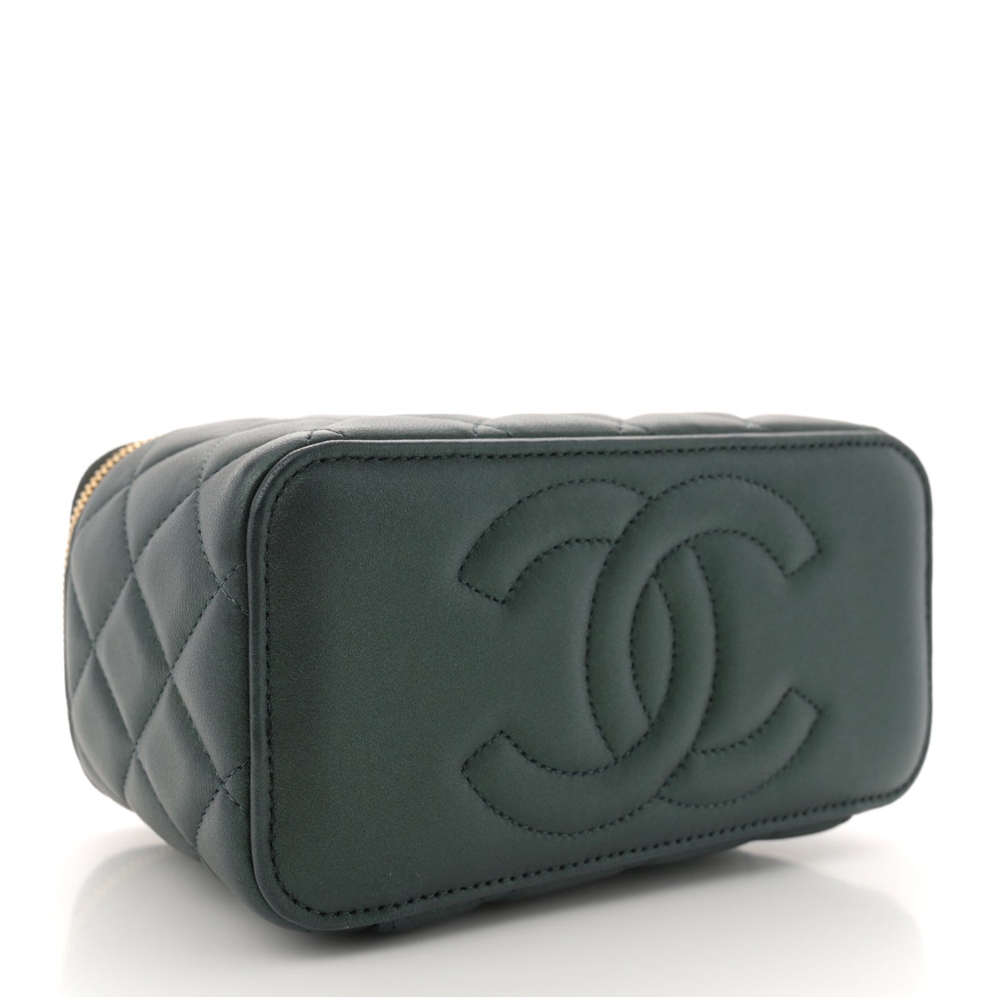 Iridescent Lambskin Quilted Small Top Handle Vanity Case With Chain Green