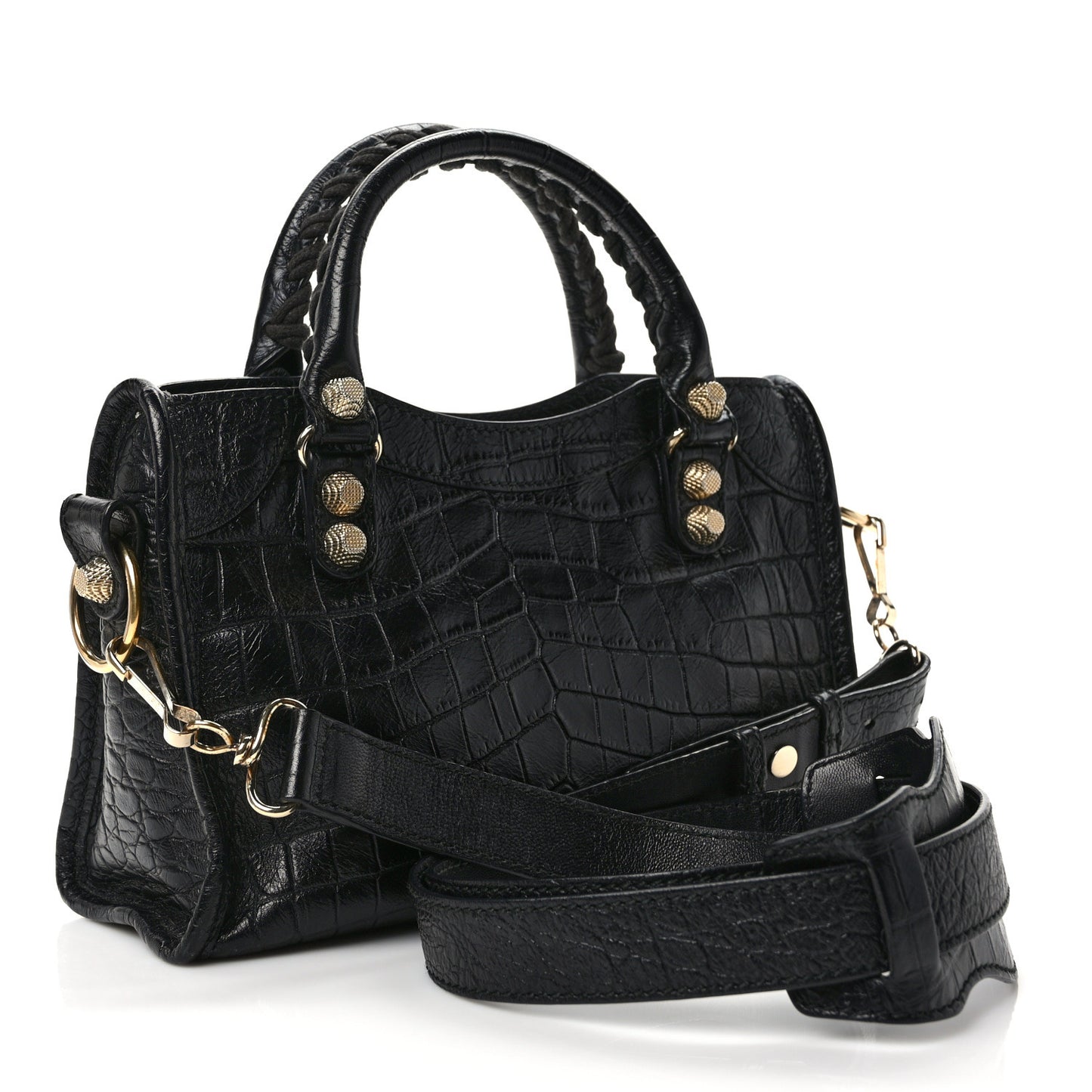 Calfskin Giant 12 Gold Hardware Crocodile Embossed Mini City Black