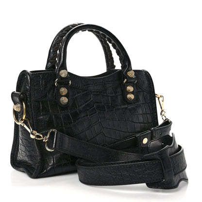 Balenciaga Calfskin Giant 12 Gold Hardware Crocodile Embossed Mini City Black 3 of 9