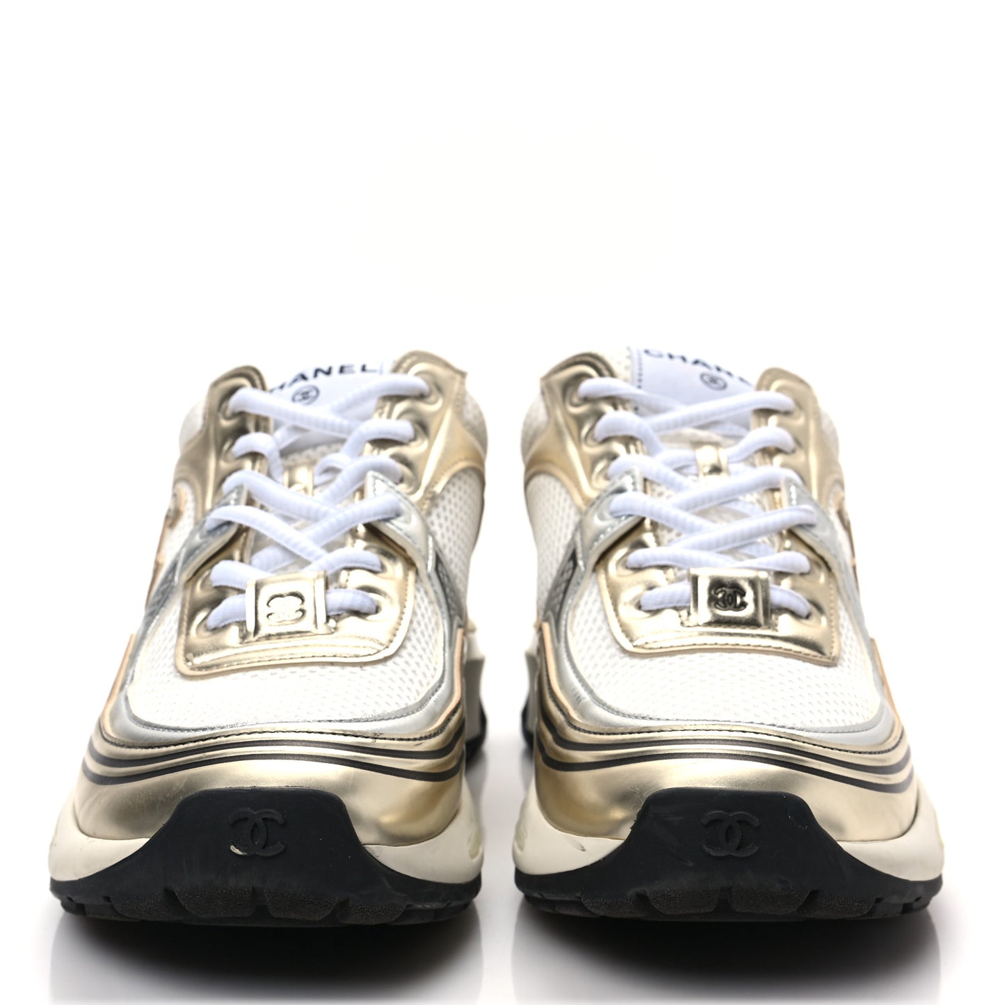 Fabric Laminated Calfskin Stretch CC Sneakers 38 White Gold Silver