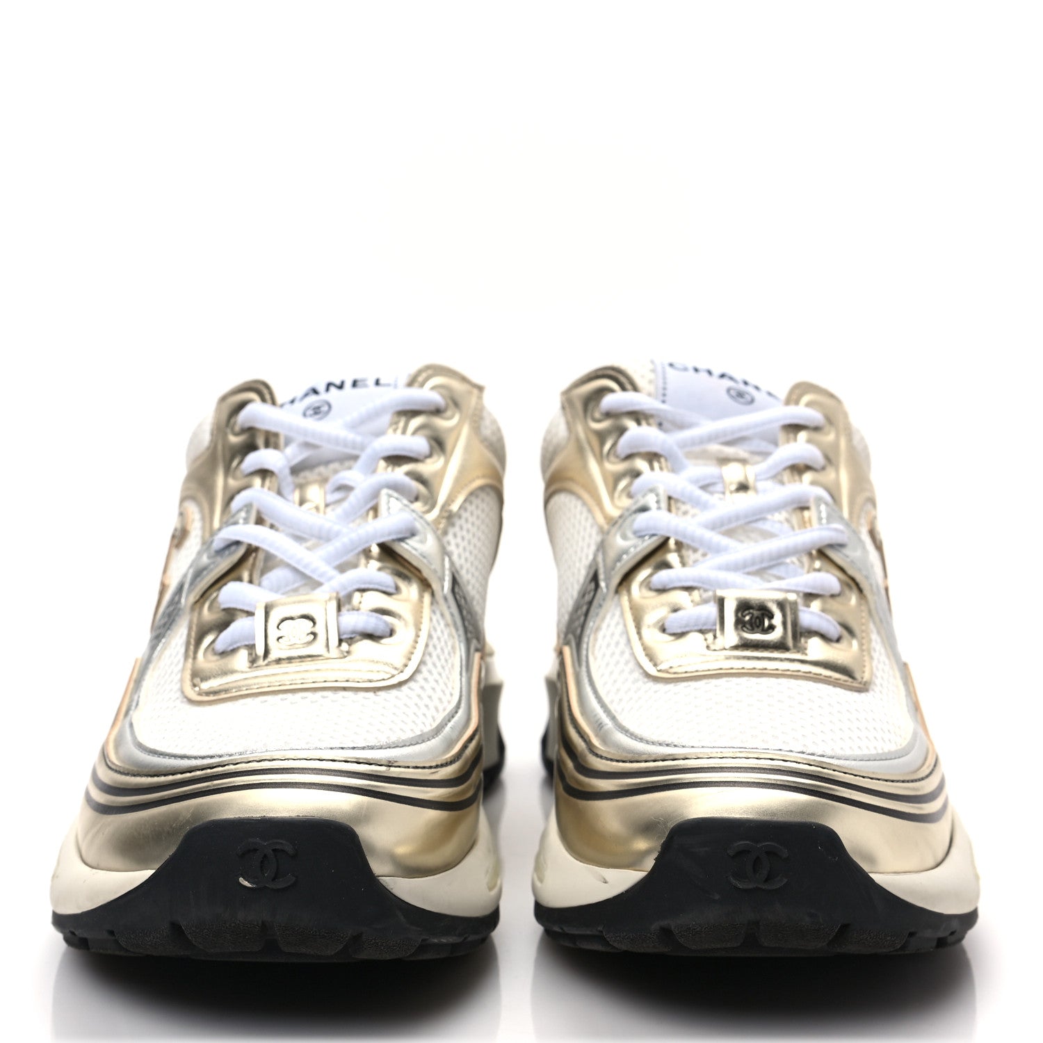 Chanel Fabric Laminated Calfskin Stretch CC Sneakers 38 White Gold Silver 2 of 7