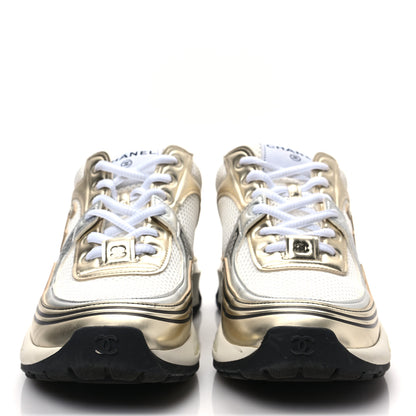 Chanel Fabric Laminated Calfskin Stretch CC Sneakers 38 White Gold Silver 2 of 7