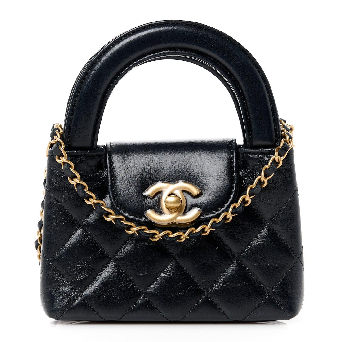 Shiny Aged Calfskin Quilted Mini Nano Kelly Shopper Black