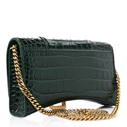 Balenciaga Shiny Calfskin Crocodile Embossed Hourglass Chain Bag Forest Green 3 of 9