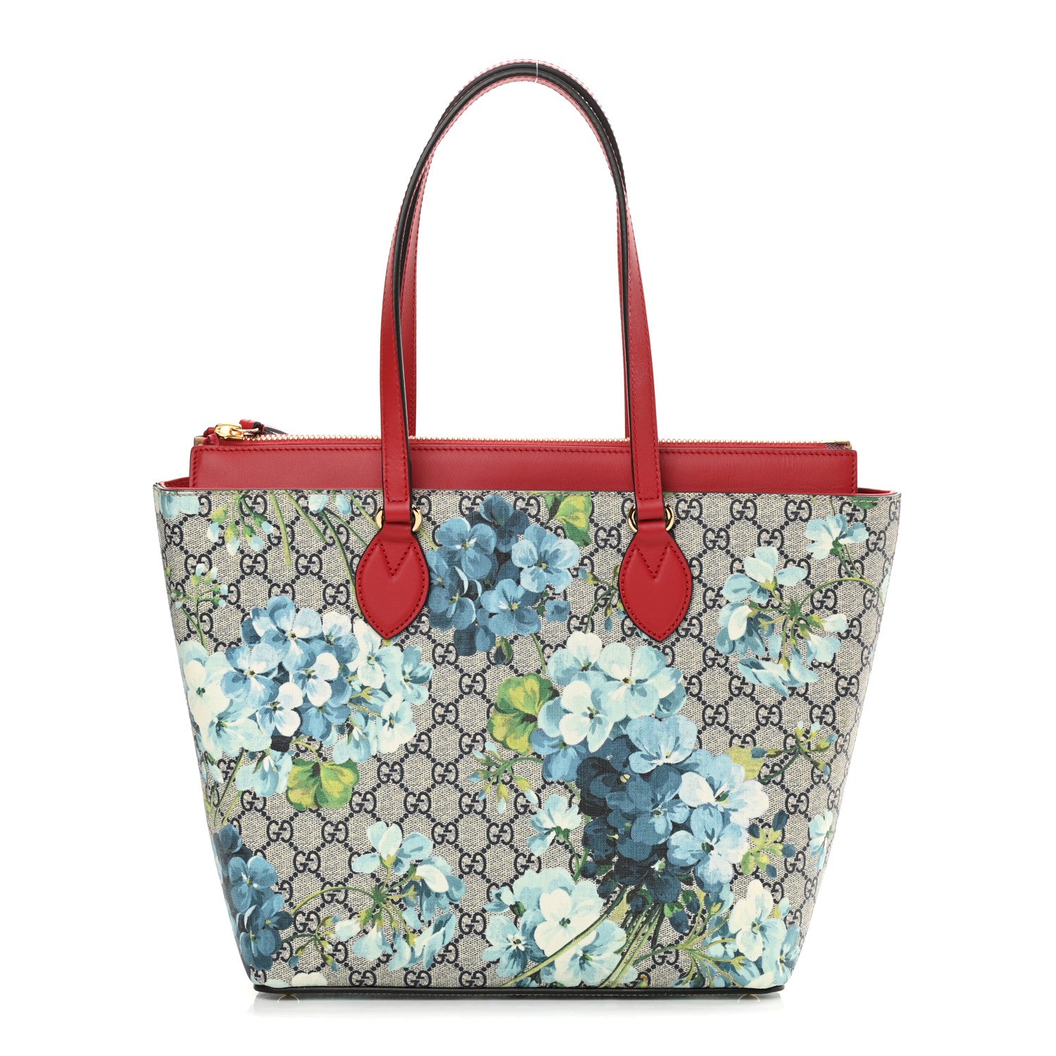 Gucci GG Supreme Monogram Blooms Medium Zippered Bucket Tote Beige Blue Navy Hibiscus Red 1 of 14