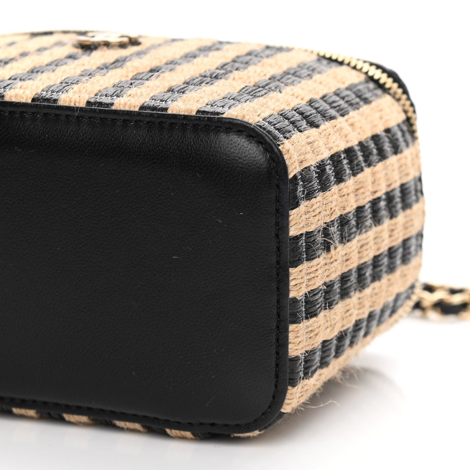 Chanel Raffia Jute Striped Small Vanity Case With Chain Black Beige 10 of 11