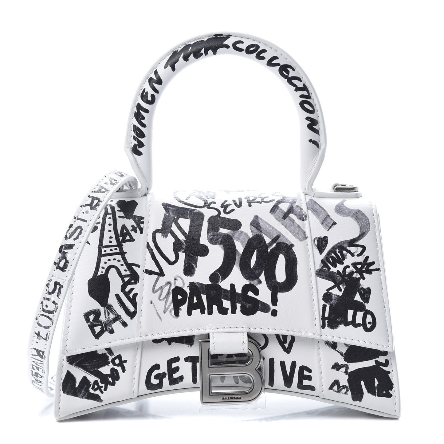 Smooth Calfskin Graffiti Hourglass Top Handle Bag XS White Black