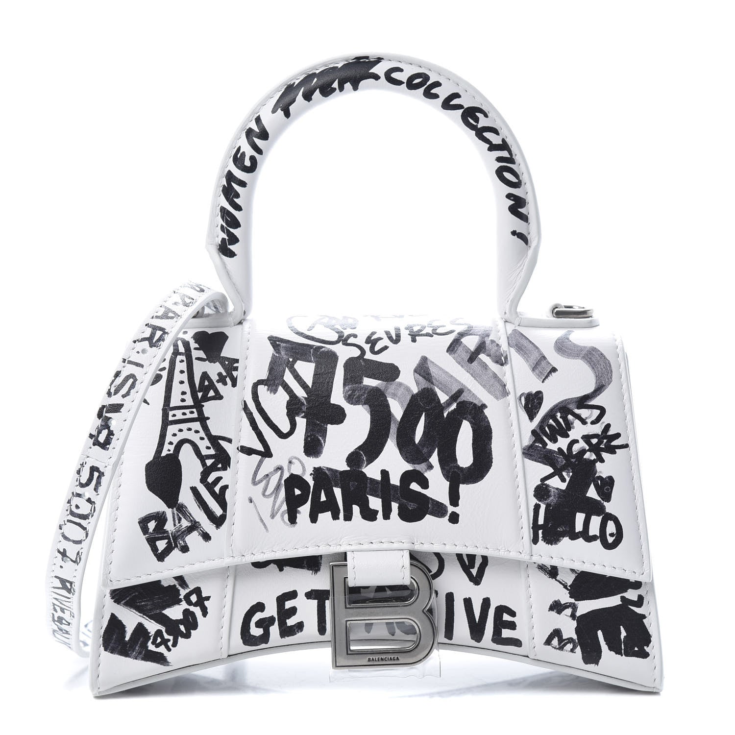 Balenciaga Smooth Calfskin Graffiti Hourglass Top Handle Bag XS White Black 1 of 11