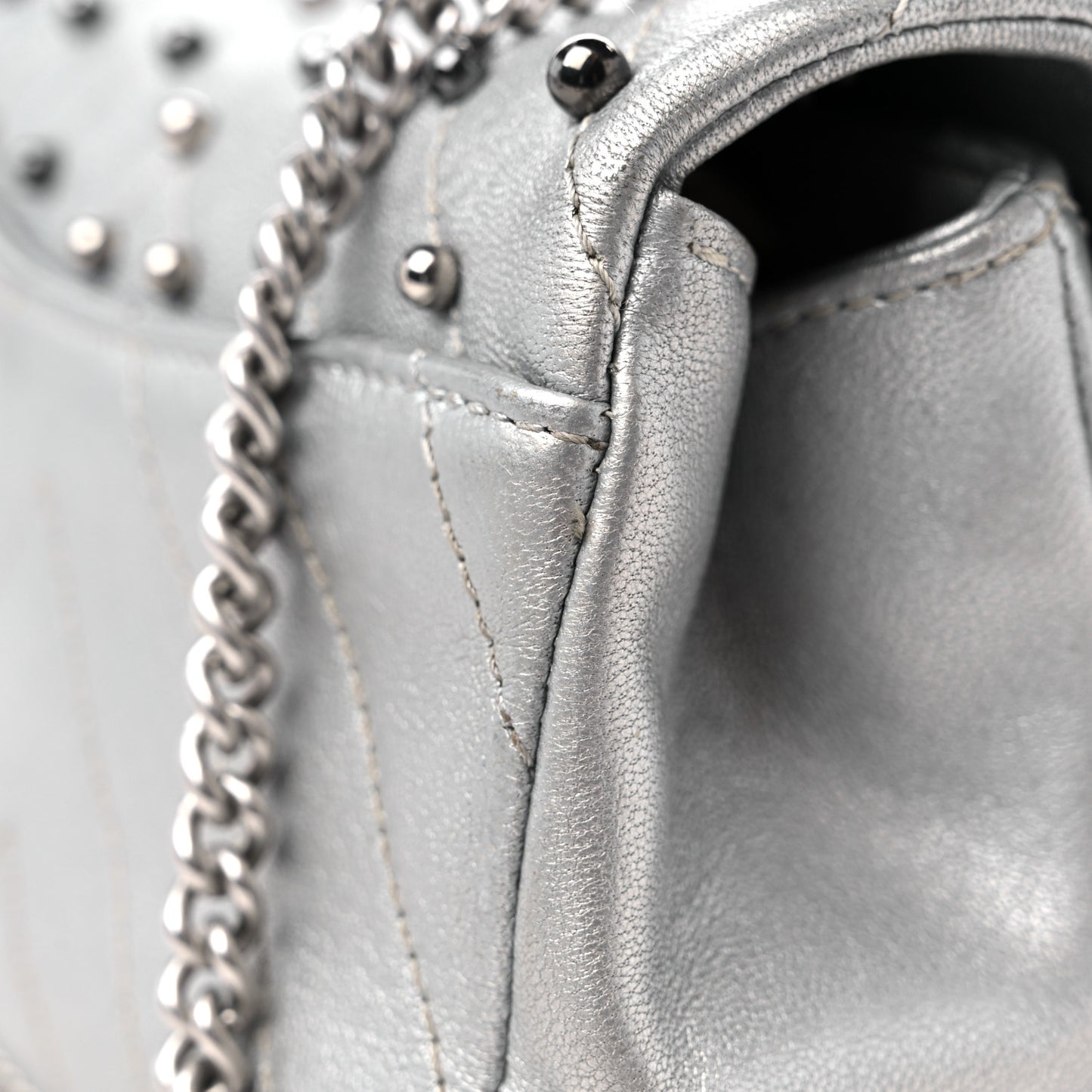 Metallic Lambskin Chevron Quilted Studded Extra Mini Flap Silver