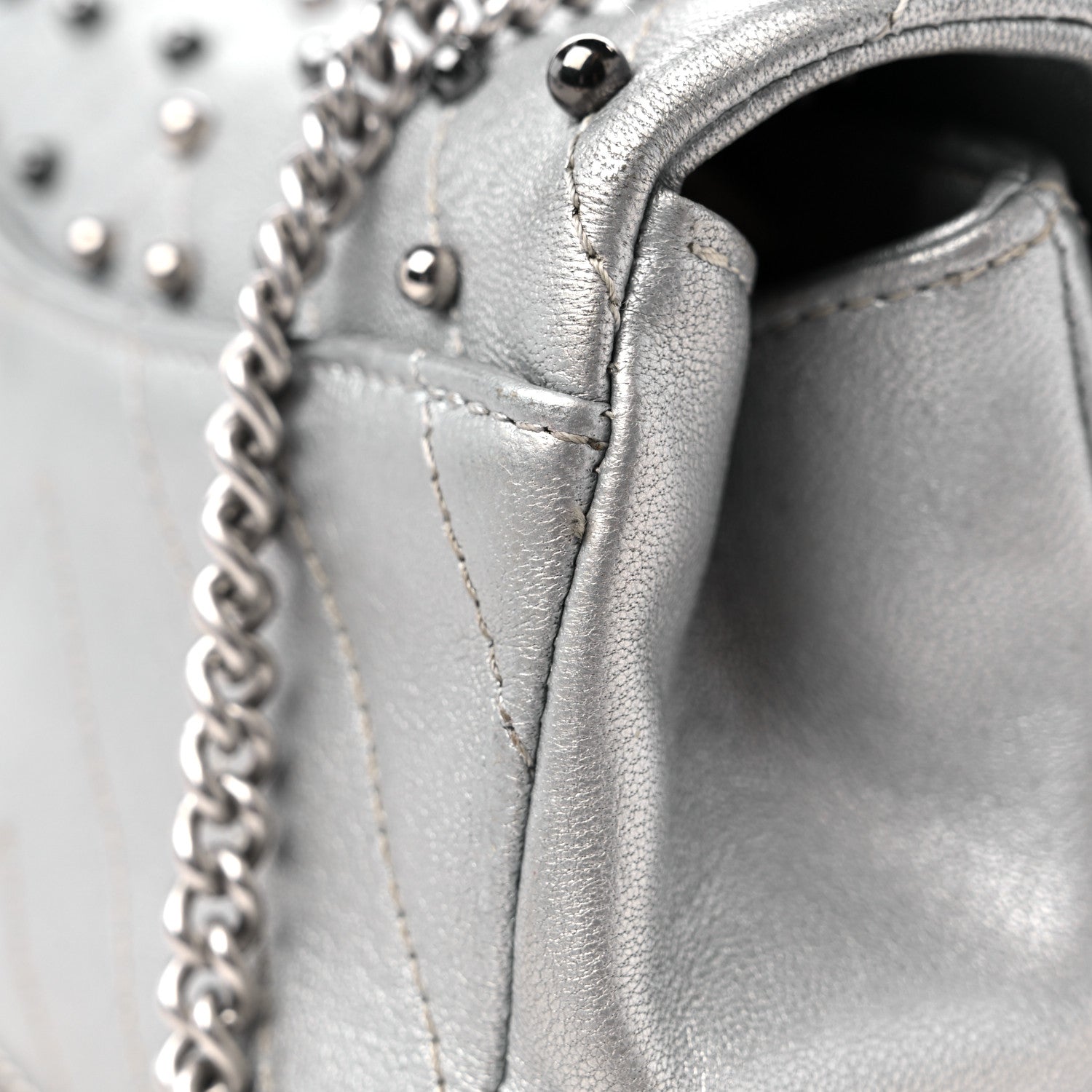 Chanel Metallic Lambskin Chevron Quilted Studded Extra Mini Flap Silver 12 of 13