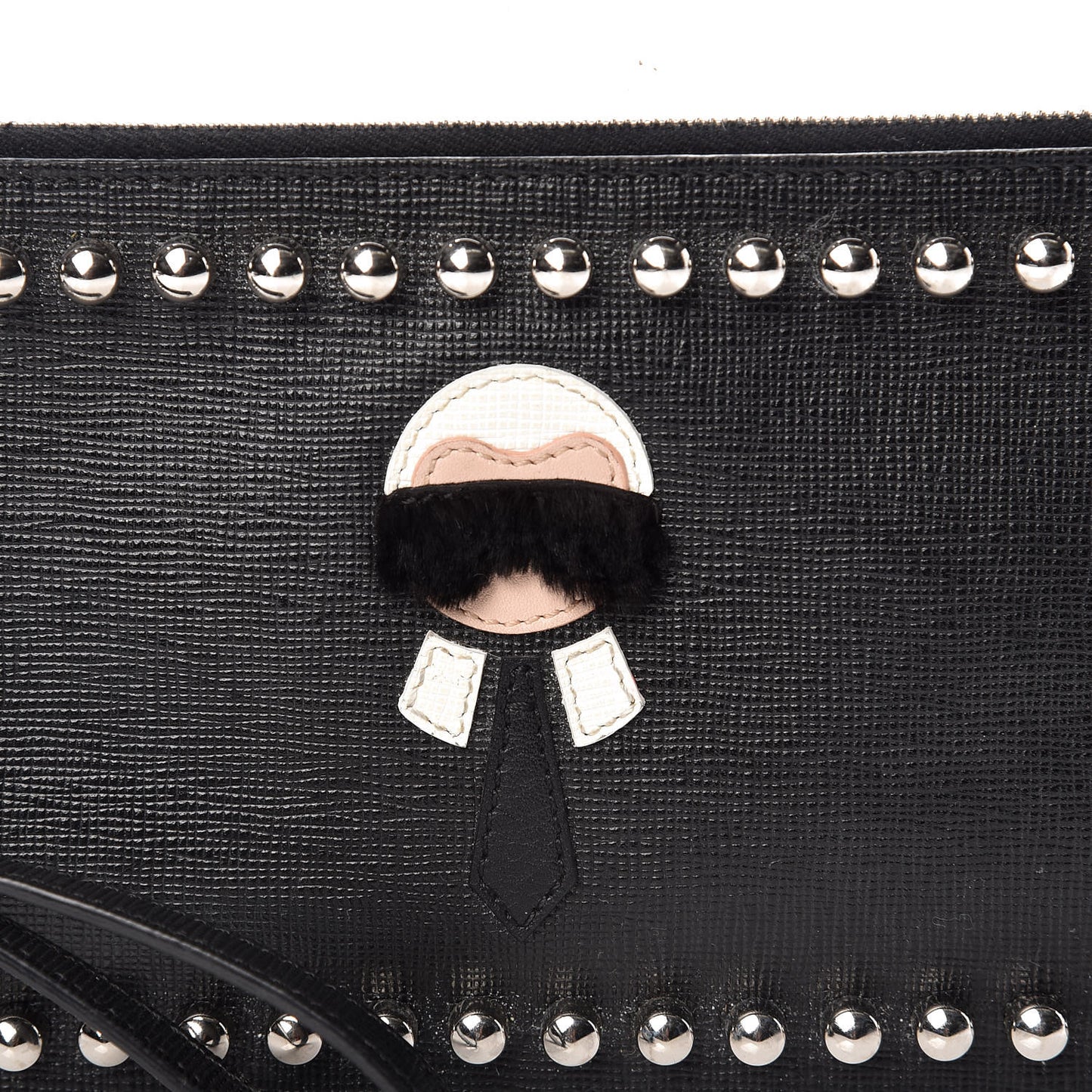 Vitello Elite Mink Fur Studded Karlito Zip Pouch Black