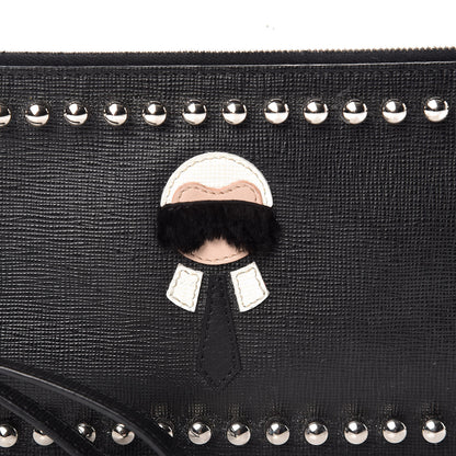 Fendi Vitello Elite Mink Fur Studded Karlito Zip Pouch Black 2 of 8