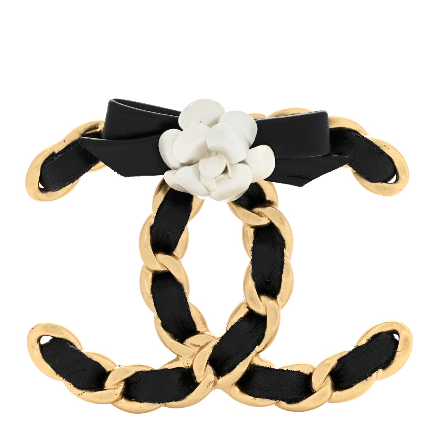Chanel Lambskin Chain Camellia CC Brooch Black Gold 1 of 5