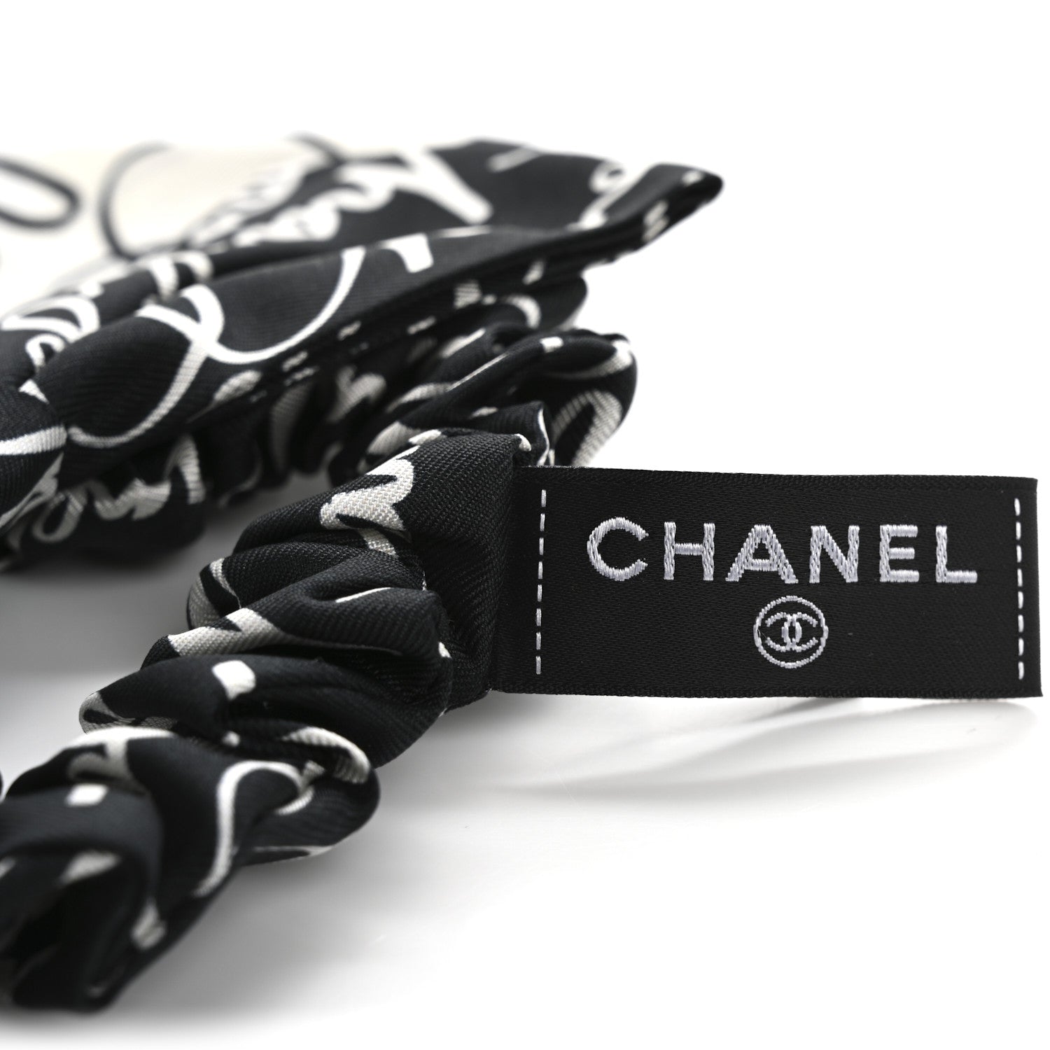 Chanel Silk Twill Logo Bow Hair Tie Black White 3 of 6