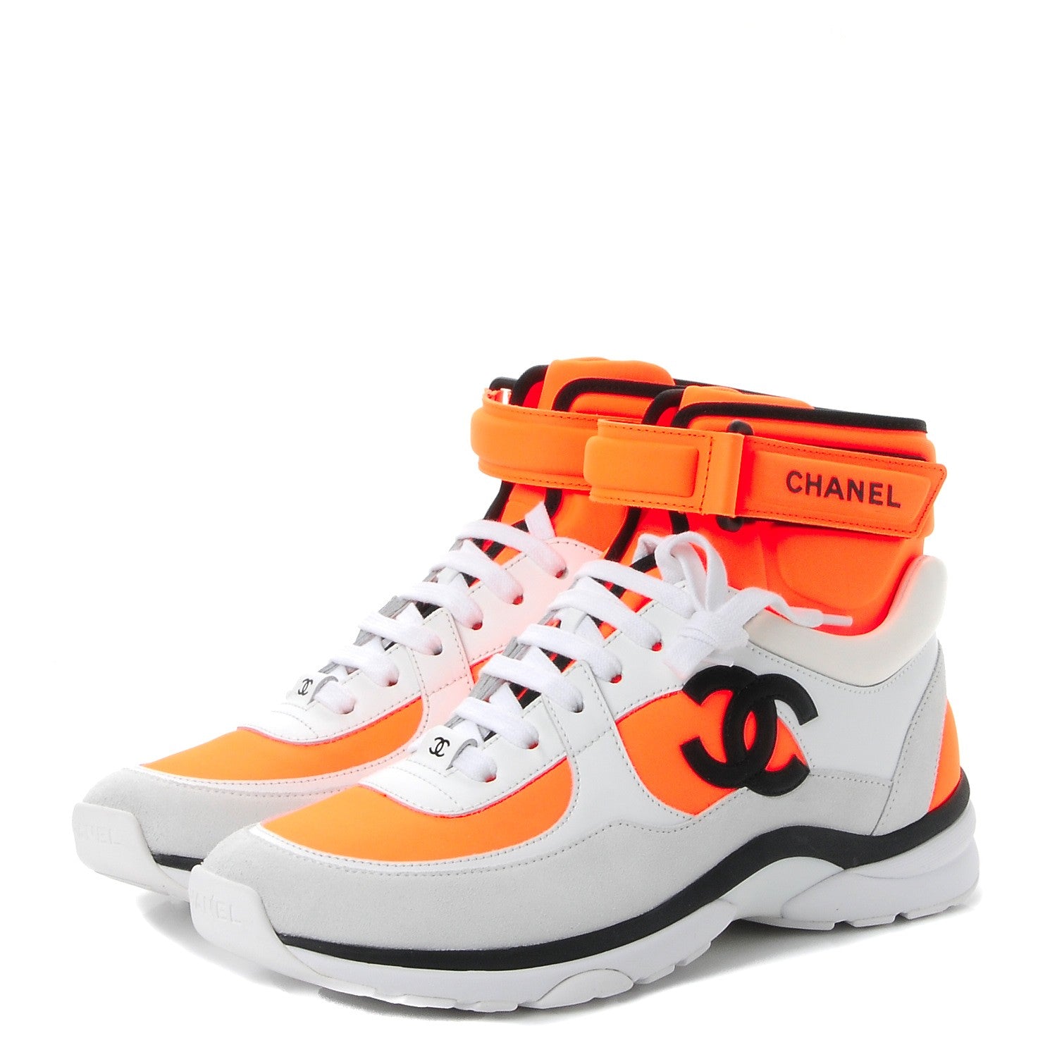 Chanel Suede Calfskin Lambskin Neoprene High Top CC Sneakers 38.5 White Fluo Orange 3 of 10