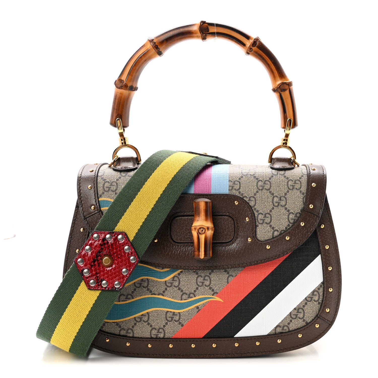 Gucci GG Supreme Monogram Studded Calfskin Centum Medium Bamboo 1947 Top Handle Bag Beige Ebony Multicolor 1 of 10