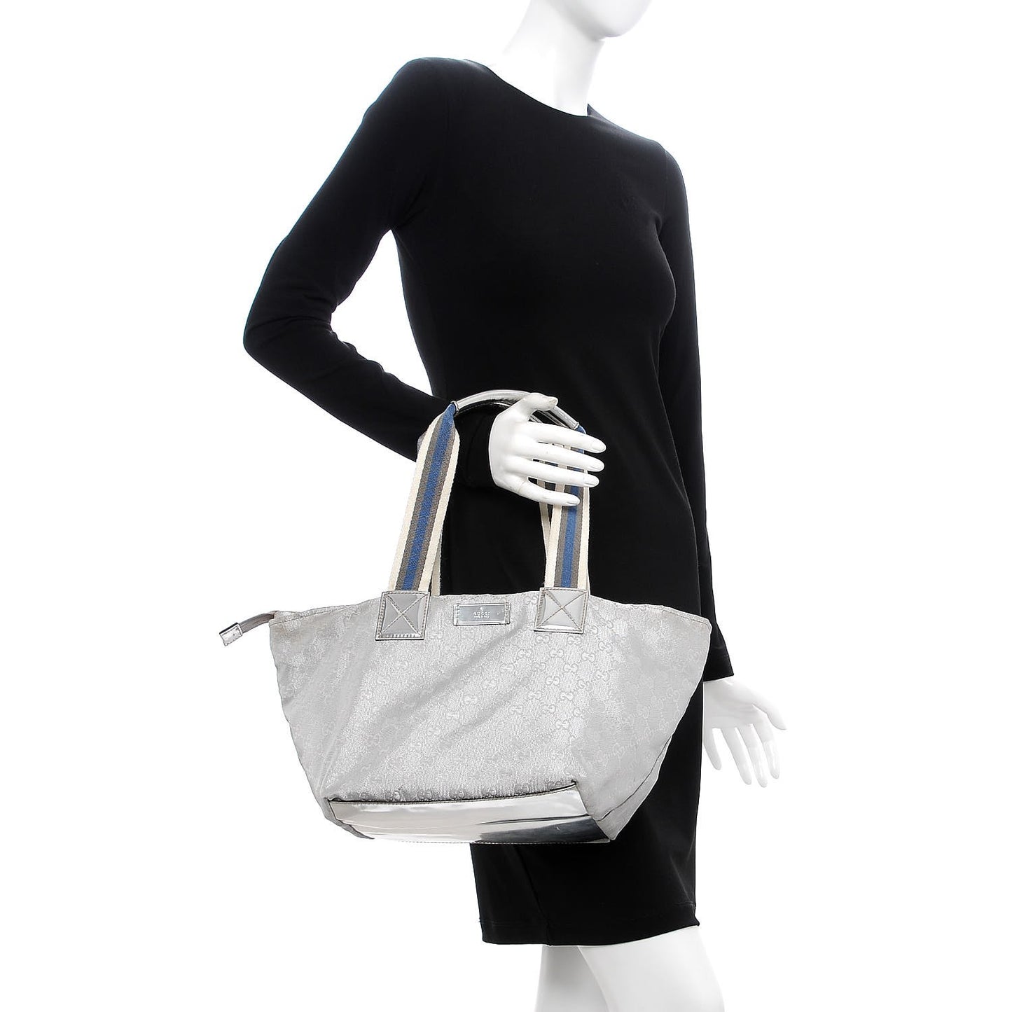 Metallic GG Monogram Medium Web Handle Bucket Tote Silver