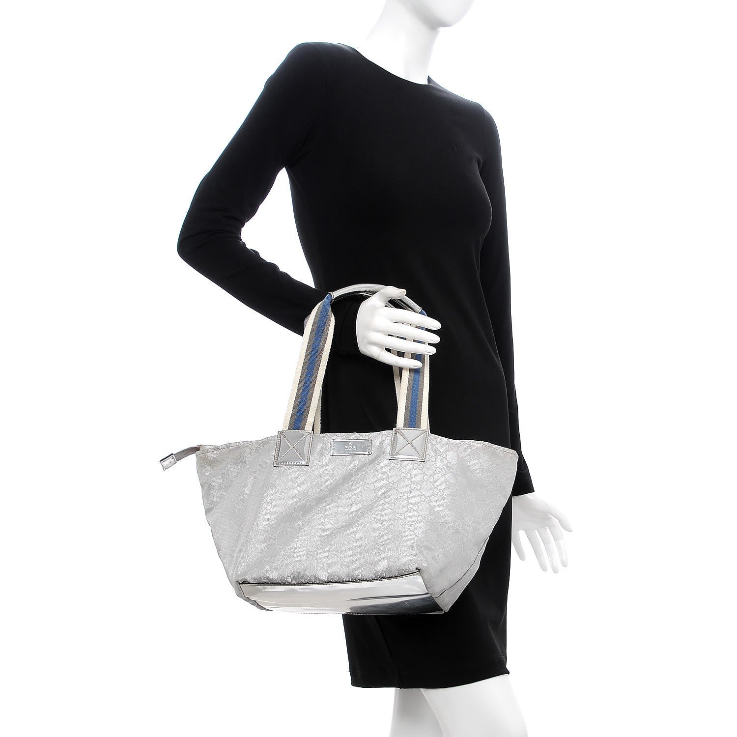 Gucci Metallic GG Monogram Medium Web Handle Bucket Tote Silver 2 of 9