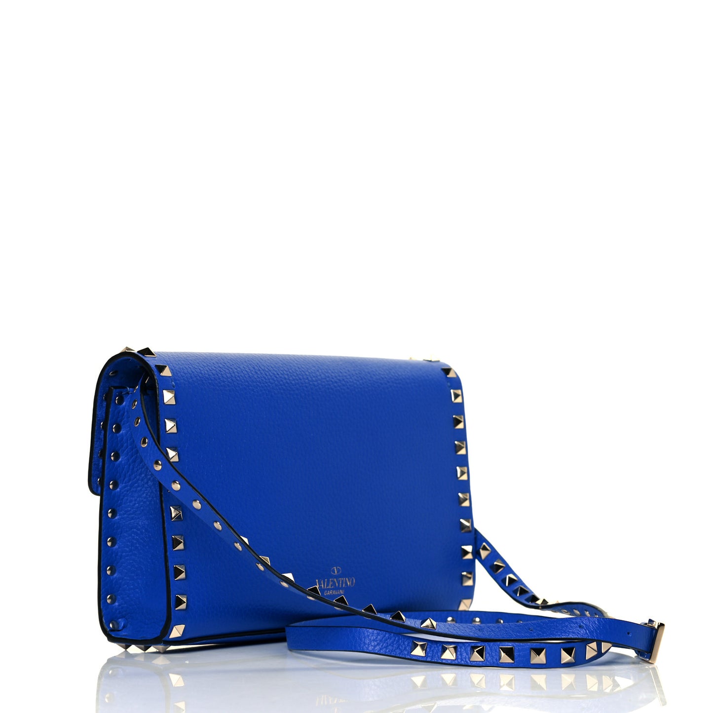 Pebbled Calfskin Medium Rockstud Flip Lock Crossbody Bag Acid Blue