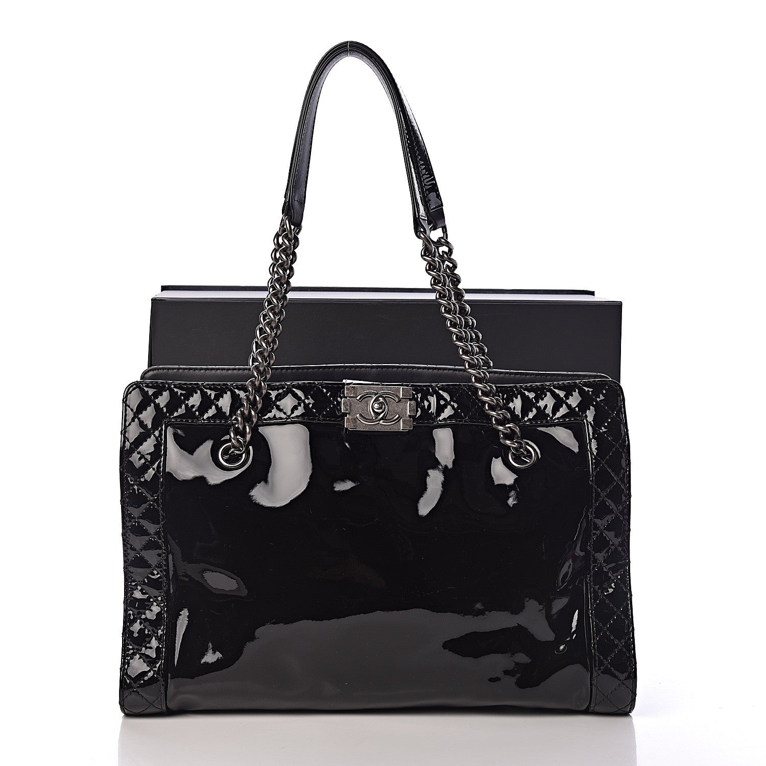 Chanel Patent Quilted Reverso Boy Tote Black 11 of 11