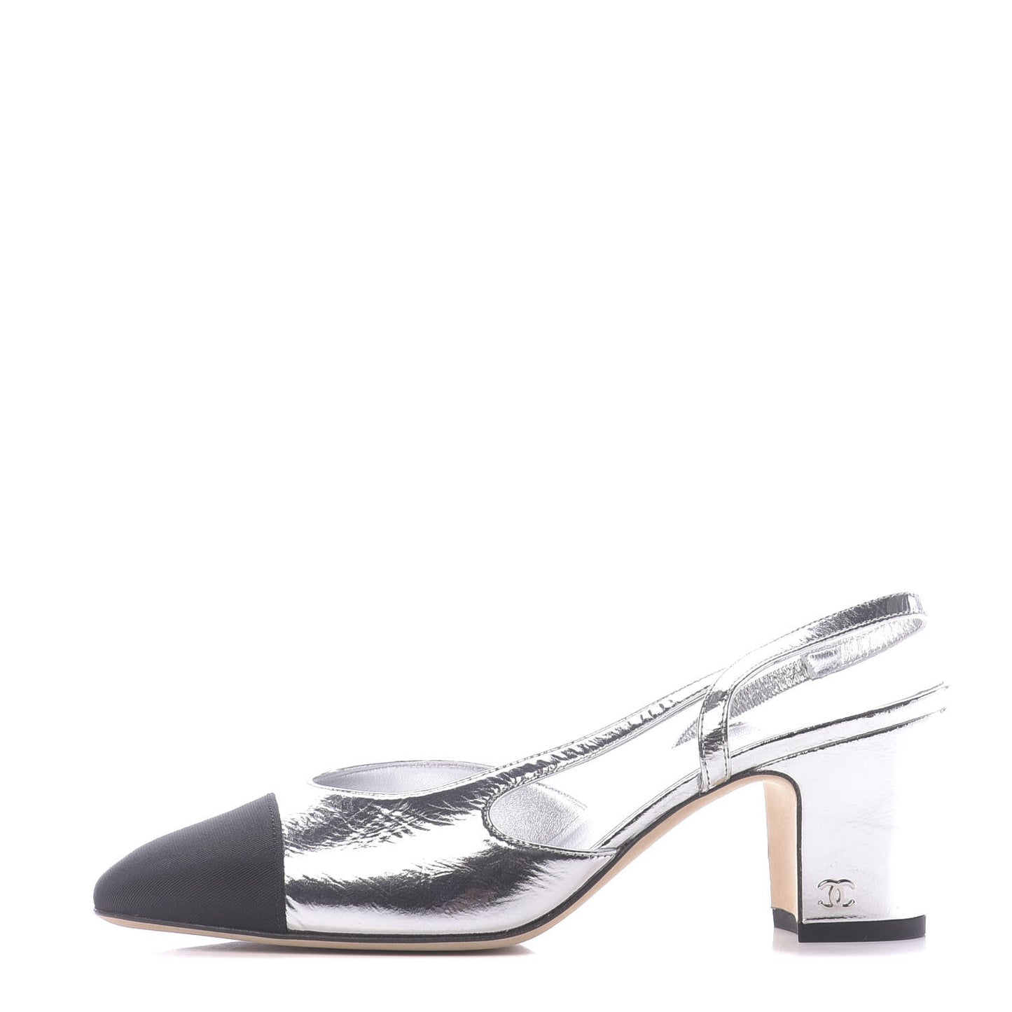 Laminated Lambskin Grosgrain Cap Toe CC Slingback Sandals 36 Silver Black