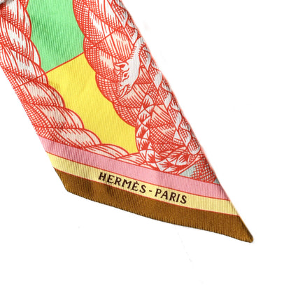 Hermes Silk Cavalleria D'Etriers Twilly Ocre Rose Vif Vert 2 of 6