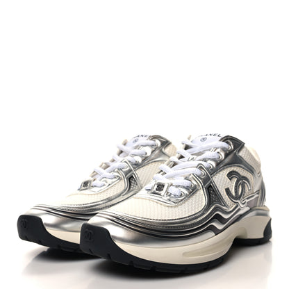 Chanel Fabric Laminated Calfskin Stretch CC Womens Sneakers 38 White Gold Silver 4 of 9