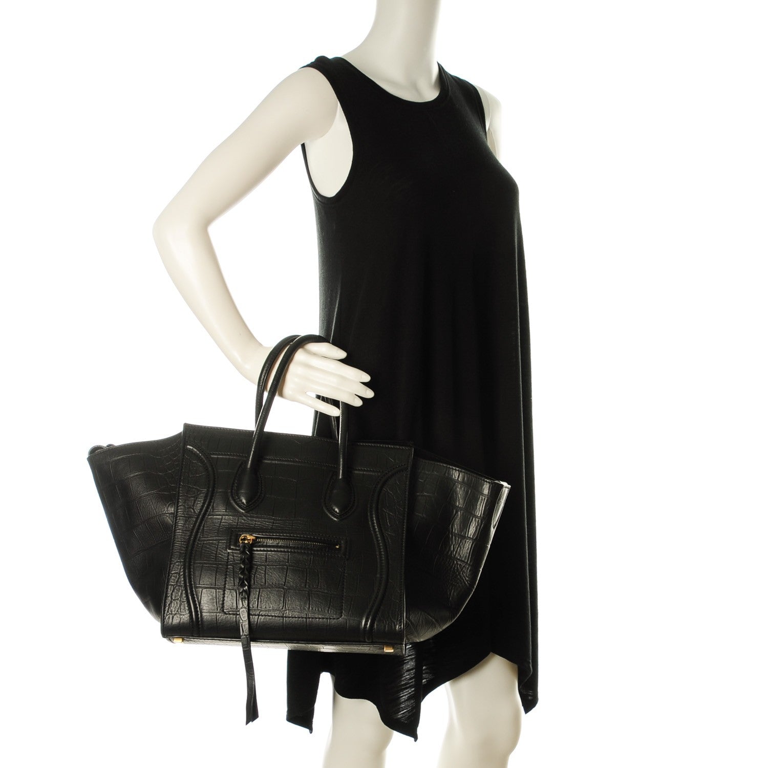 Celine Crocodile Embossed Calfskin Medium Phantom Luggage Black 2 of 7