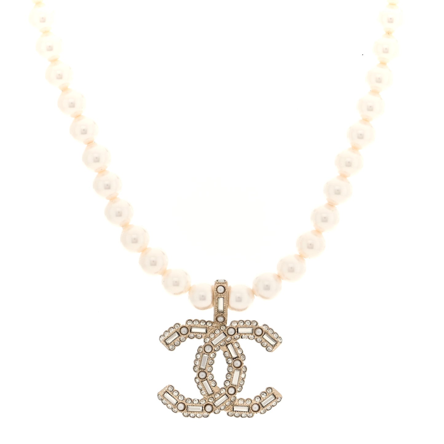 Pearl Crystal Baguette CC Short Necklace Gold