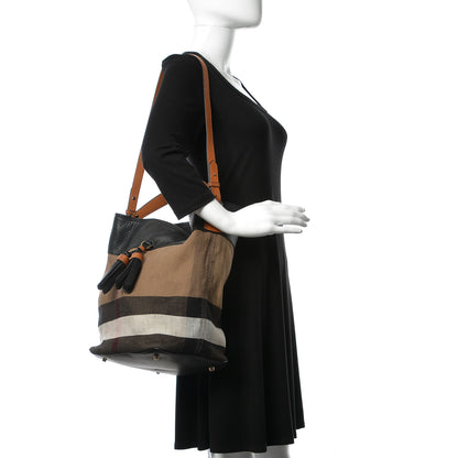 Burberry Grainy Calfskin Canvas Mega Check Medium Ashby Tassel Hobo Black 2 of 12