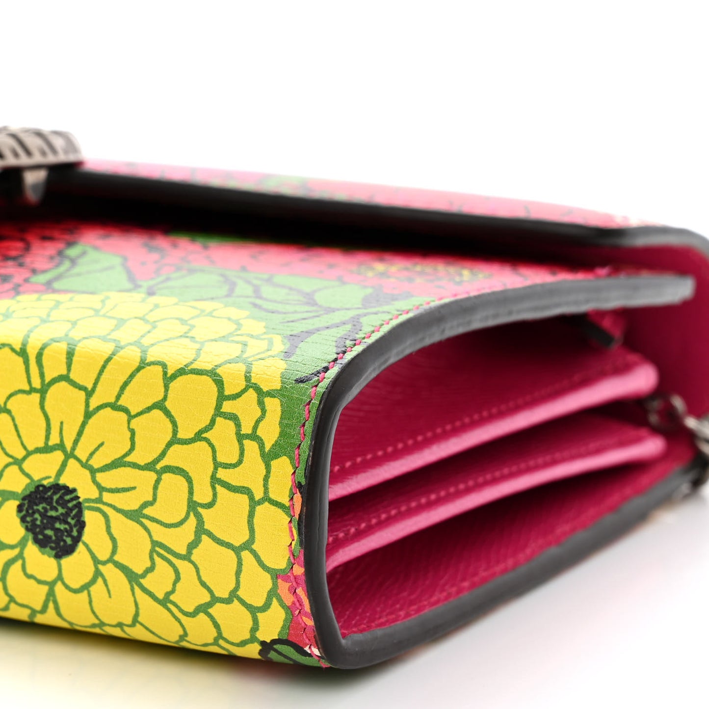 X KEN SCOTT Textured Calfskin Pomponica Print Mini Dionysus Chain Wallet Multicolor Fuxia Pompon