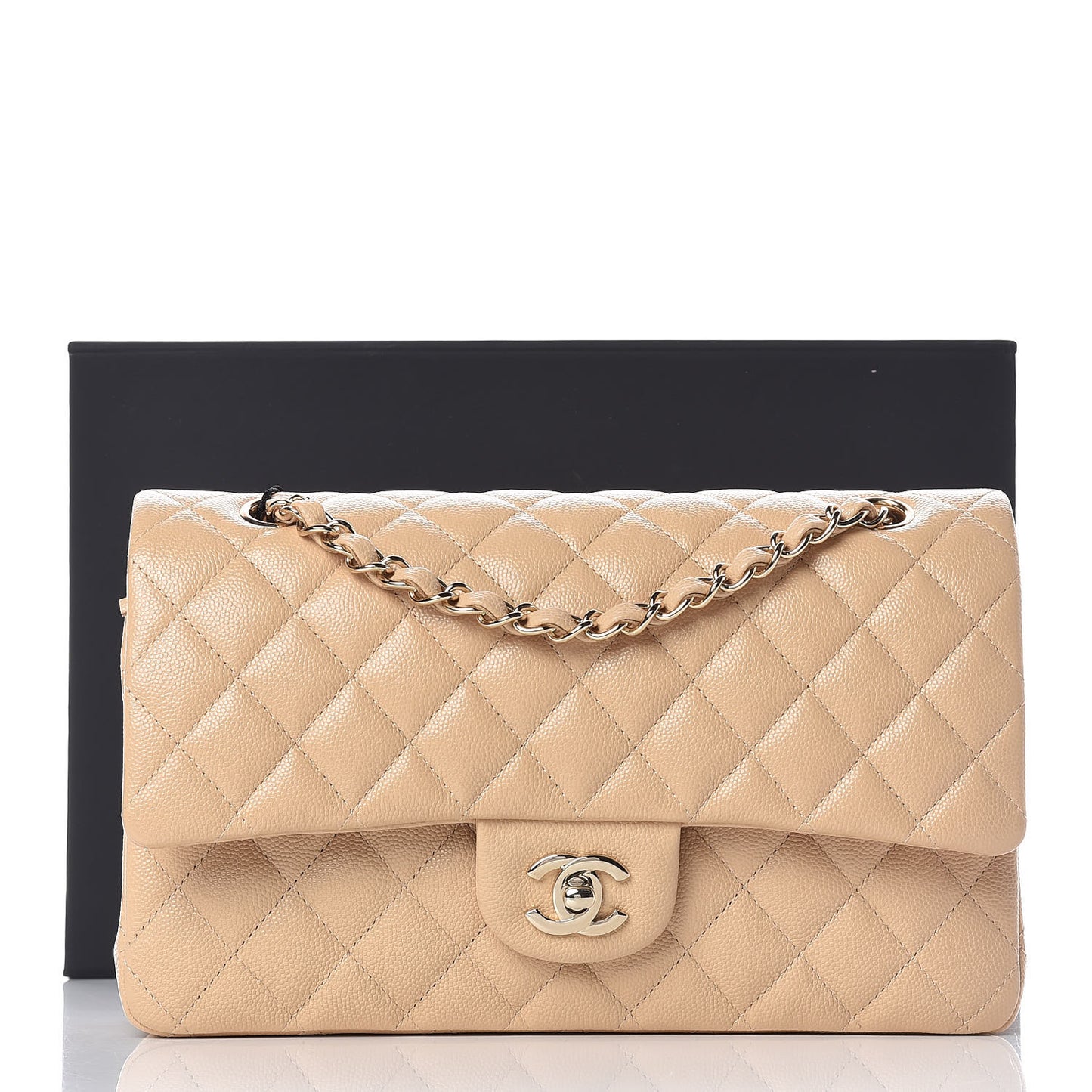 Caviar Quilted Medium Double Flap Beige Clair