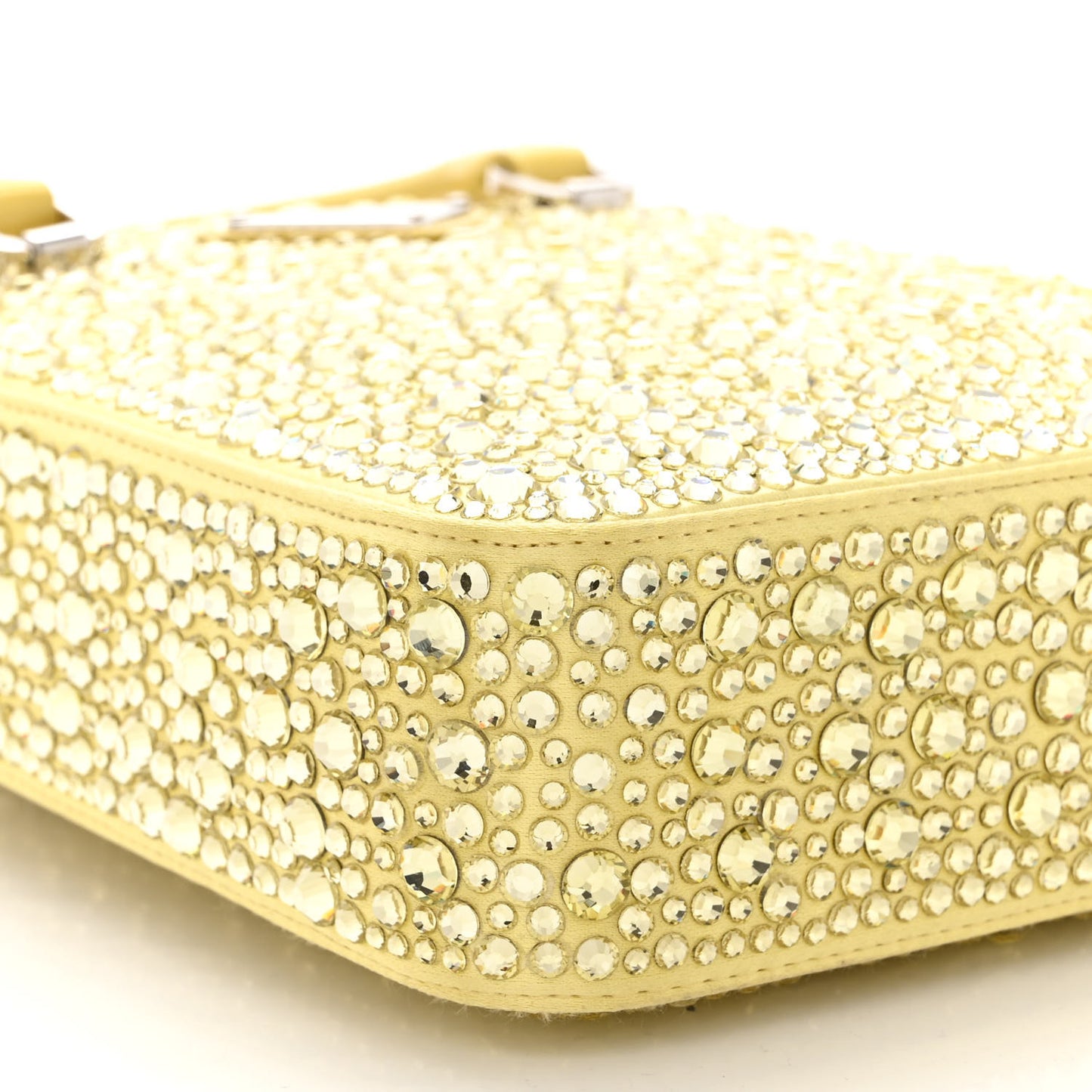 Satin Crystal Metal Triangle Logo Small Double Handle Crossbody Tote Ananas