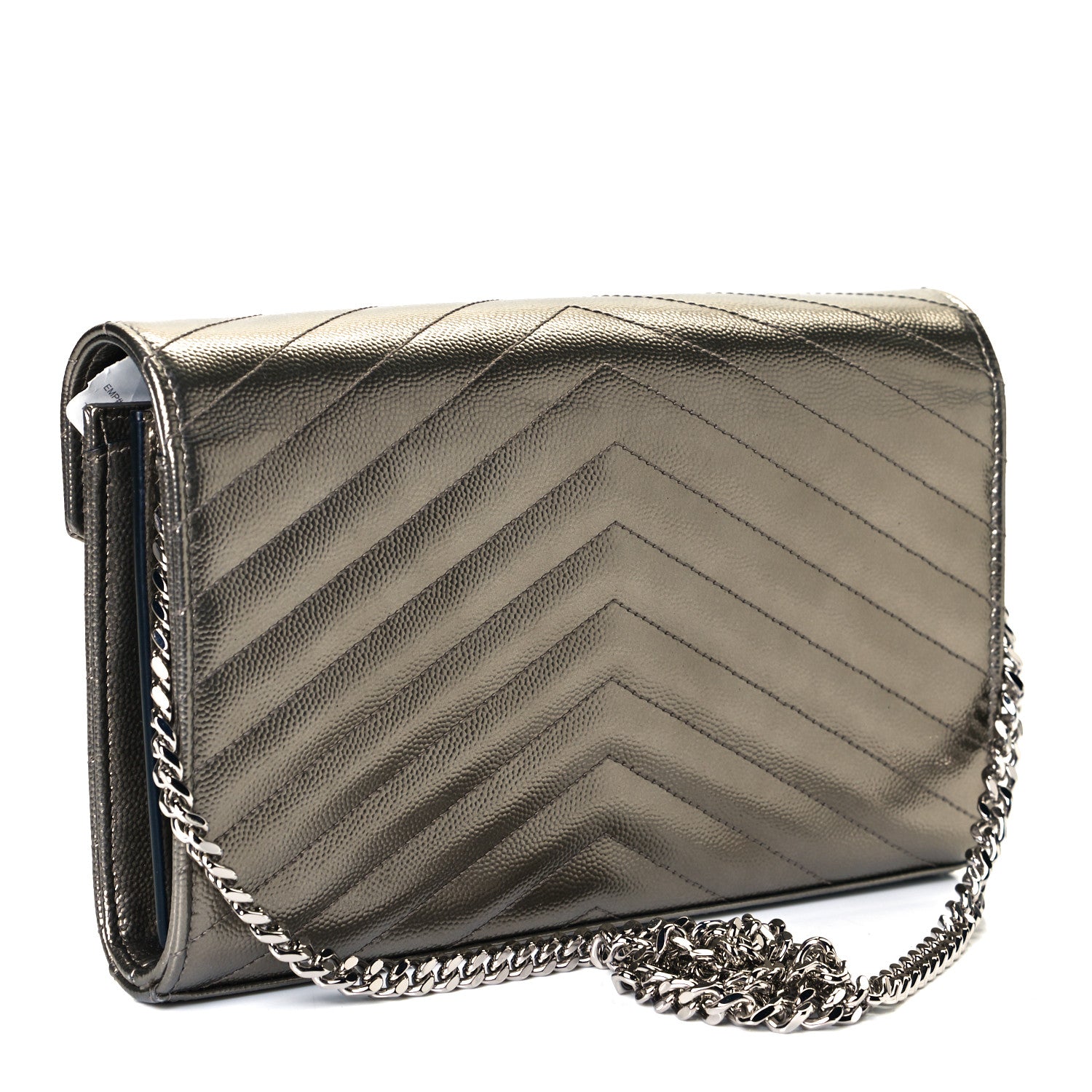 Saint Laurent Metallic Grain De Poudre Matelasse Chevron Monogram Chain Wallet Piombo 2 of 9